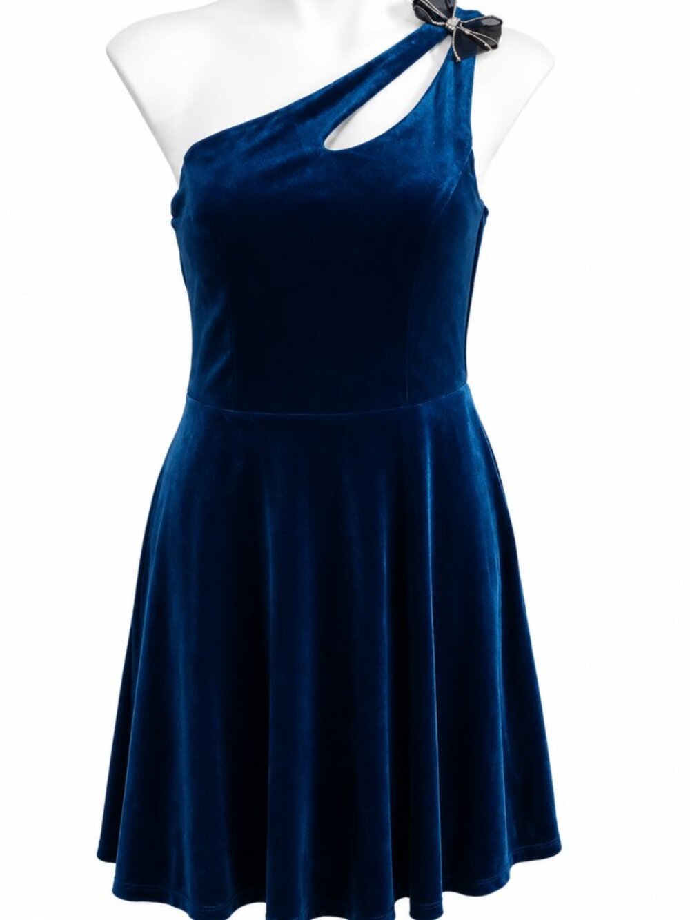 Medium Women's Blue Velvet One-Shoulder Fit & Flare Homecoming Party Dress